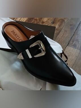 Partlow Black Leather Loafers Silver Buckle “ Mules “ MOLL GALF  Orig:$795